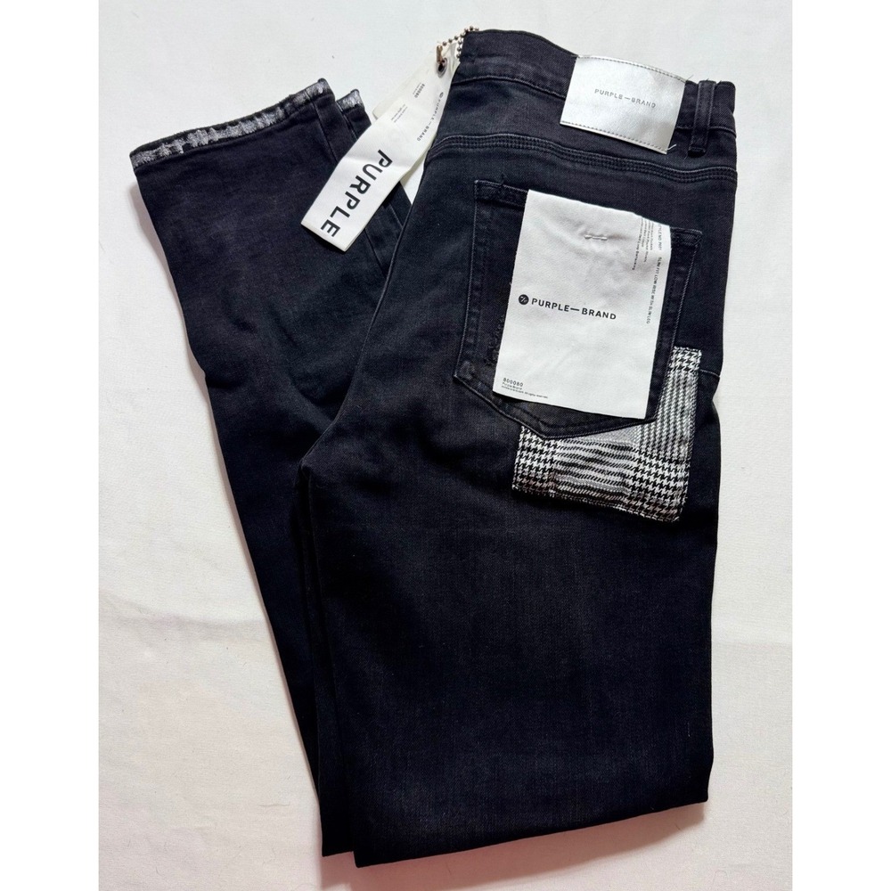 Purple Brand P001 Slim Fit Jeans 34 Black Distressed Plaid Patch Low Rise Denim